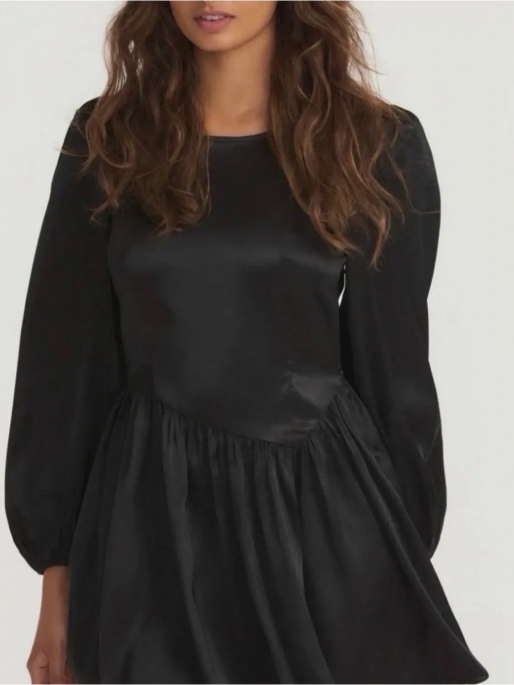 LoveShackFancy Black Satin Long-Sleeve Mini Dress